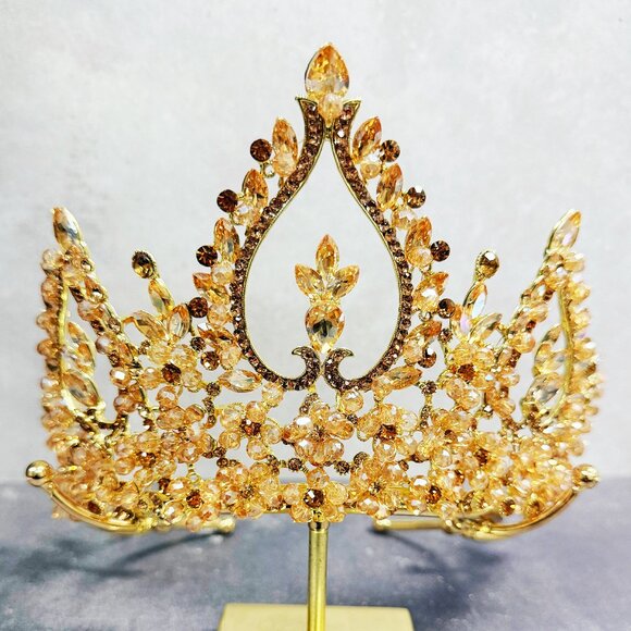 Bridal Tiara Crown, Gold Crystal Beaded Headpiece, Gold Pageant Crown - Picture 1 of 8